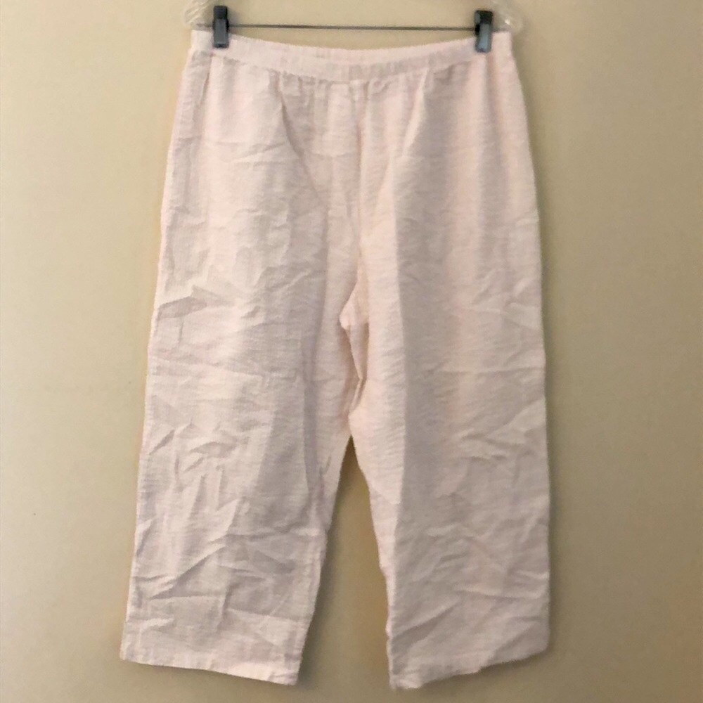 Striped Pastel green pink white Pajama Pants elastic waist cropped leg SZ LG